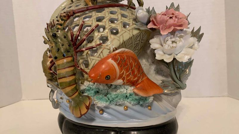 Photo 1 of LARGE JAPANESE MAJOLICA CRAB LOBSTER AND KOI BASKET 11” X 8” H 12”