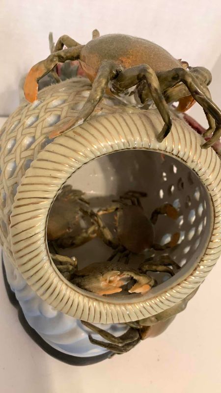 Photo 1 of LARGE JAPANESE MAJOLICA CRAB LOBSTER AND KOI BASKET 11” X 8” H 12”