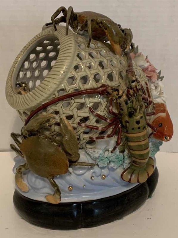 Photo 1 of LARGE JAPANESE MAJOLICA CRAB LOBSTER AND KOI BASKET 11” X 8” H 12”