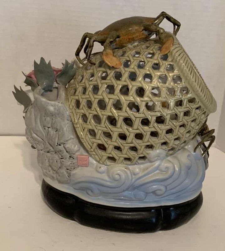 Photo 1 of LARGE JAPANESE MAJOLICA CRAB LOBSTER AND KOI BASKET 11” X 8” H 12”