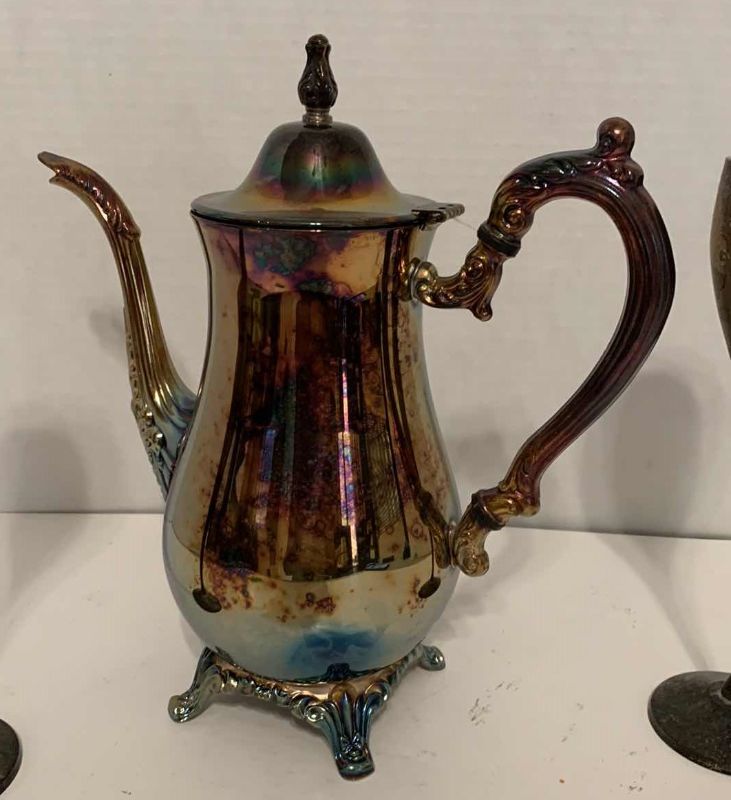 Photo 1 of VINTAGE SILVER PLATED FOOTED TEAPOT HINGED LID AND 2 CHALICES