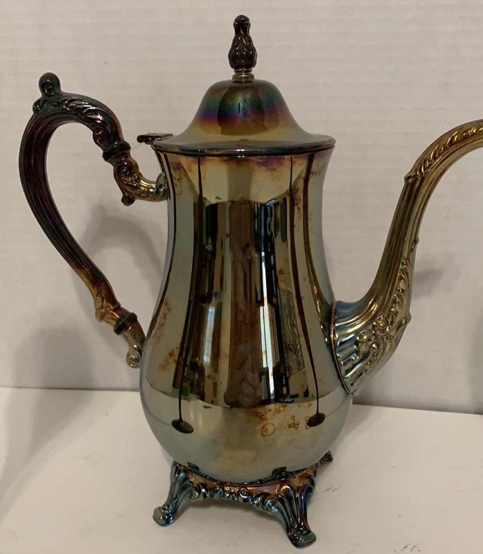 Photo 1 of VINTAGE SILVER PLATED FOOTED TEAPOT HINGED LID AND 2 CHALICES