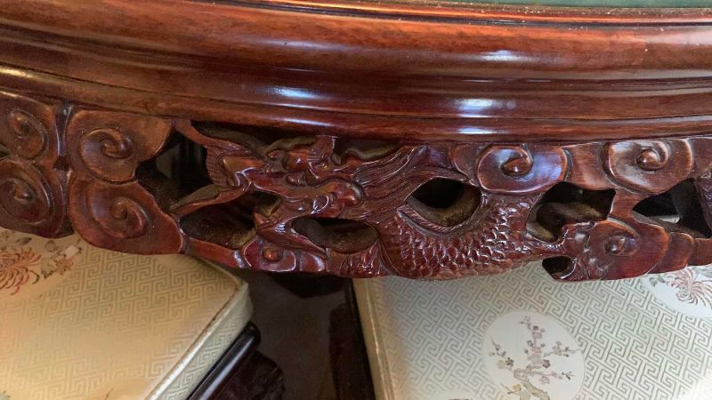 Photo 1 of CHINESE ROSEWOOD DRAGON, FLOWER AND BIRD WITH INLAID MOTHER OF PEARL DINING TABLE WITH GLASS TOPS AND 8 CHAIRS