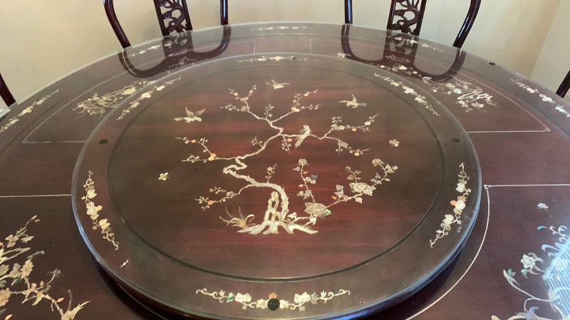 Photo 1 of CHINESE ROSEWOOD DRAGON, FLOWER AND BIRD WITH INLAID MOTHER OF PEARL DINING TABLE WITH GLASS TOPS AND 8 CHAIRS