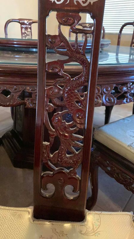 Photo 1 of CHINESE ROSEWOOD DRAGON, FLOWER AND BIRD WITH INLAID MOTHER OF PEARL DINING TABLE WITH GLASS TOPS AND 8 CHAIRS