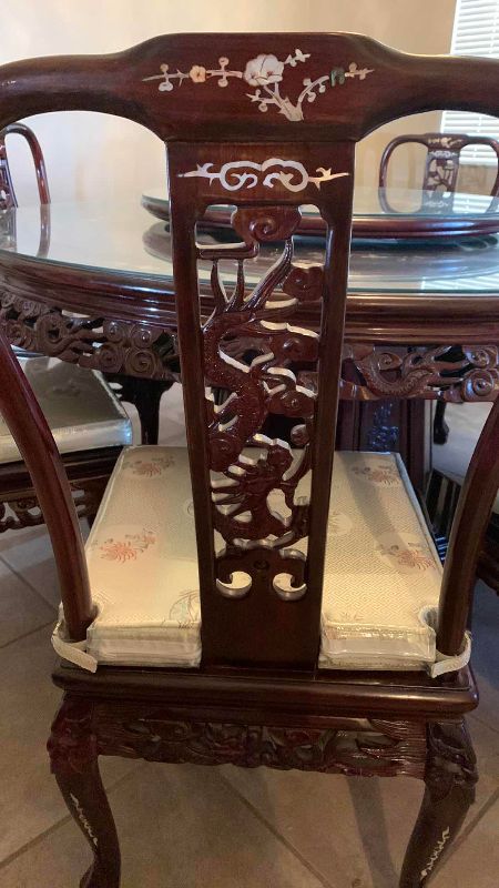 Photo 1 of CHINESE ROSEWOOD DRAGON, FLOWER AND BIRD WITH INLAID MOTHER OF PEARL DINING TABLE WITH GLASS TOPS AND 8 CHAIRS