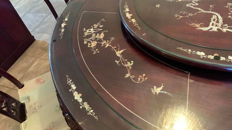 Photo 1 of CHINESE ROSEWOOD DRAGON, FLOWER AND BIRD WITH INLAID MOTHER OF PEARL DINING TABLE WITH GLASS TOPS AND 8 CHAIRS