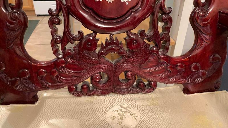 Photo 1 of ANTIQUE CHINESE ROSEWOOD CHAIR WITH INLAID MOTHER IF PEARL AND SILK SEAT CUSHION 26” X 27” H 40”