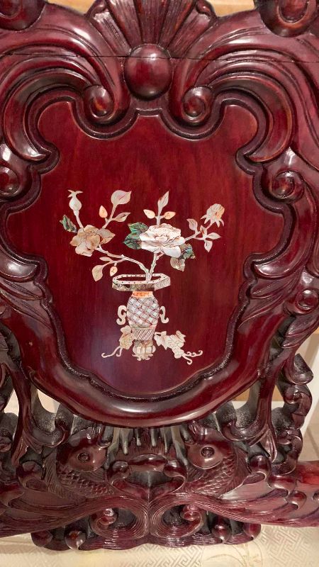 Photo 1 of ANTIQUE CHINESE ROSEWOOD CHAIR WITH INLAID MOTHER IF PEARL AND SILK SEAT CUSHION 26” X 27” H 40”