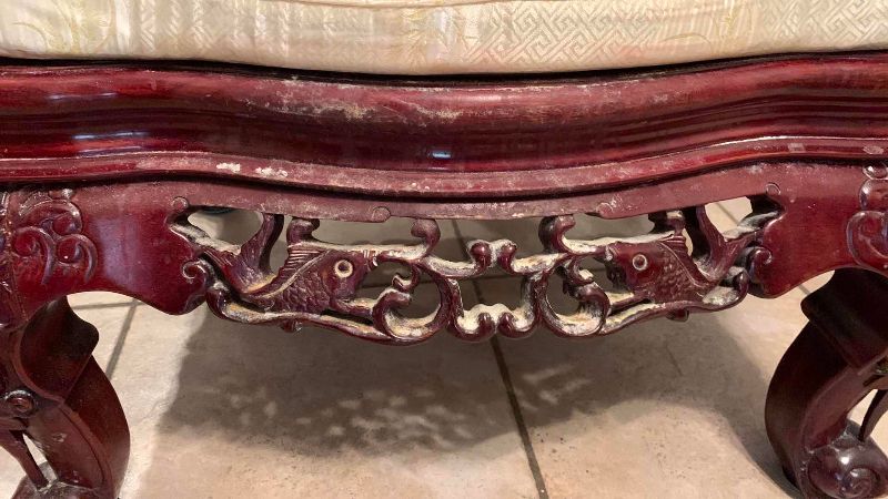 Photo 1 of ANTIQUE CHINESE ROSEWOOD CHAIR WITH INLAID MOTHER IF PEARL AND SILK SEAT CUSHION 26” X 27” H 40”