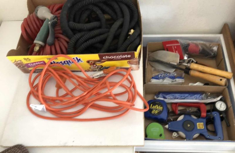 Photo 1 of GARDEN TOOLS, HOSES AND AN EXTENSION CORD