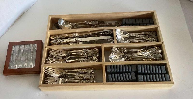 Photo 1 of SILVERWARE SET IN WOOD STORAGE BIN, APPETIZER FORK SET