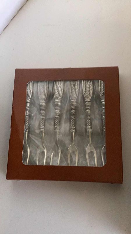 Photo 3 of SILVERWARE SET IN WOOD STORAGE BIN, APPETIZER FORK SET