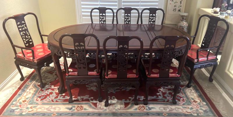 Photo 2 of VINTAGE CHINESE HANDCARVED ROSEWOOD DINING TABLE W 2-ARM CHAIRS & 6- SIDE CHAIRS (RED W GOLD PADDED SEAT CUSHIONS) TABLE 80” x 43” H30”