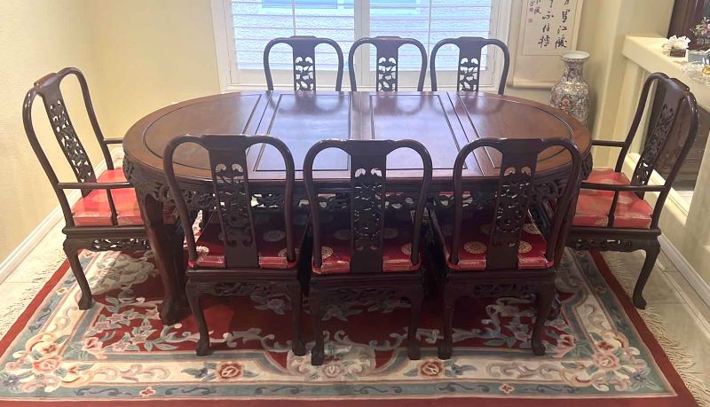 Photo 7 of VINTAGE CHINESE HANDCARVED ROSEWOOD DINING TABLE W 2-ARM CHAIRS & 6- SIDE CHAIRS (RED W GOLD PADDED SEAT CUSHIONS) TABLE 80” x 43” H30”