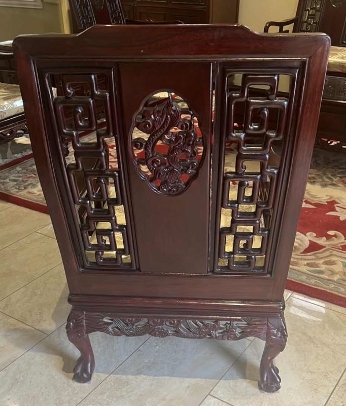 Photo 3 of VINTAGE CHINESE ROSEWOOD ARM CHAIR W GOLD CUSHION SEAT