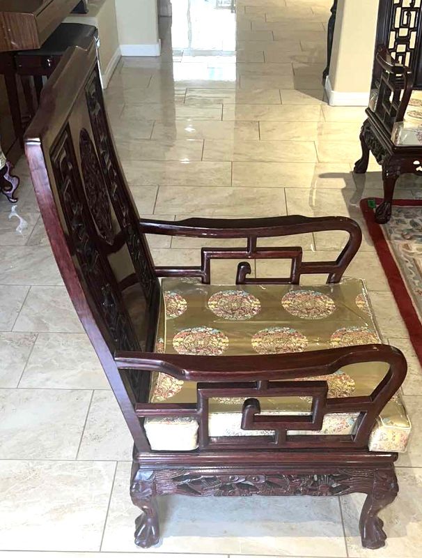 Photo 2 of VINTAGE CHINESE ROSEWOOD ARM CHAIR W GOLD CUSHION SEAT