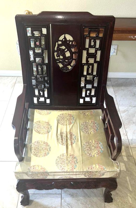 Photo 1 of VINTAGE CHINESE ROSEWOOD ARM CHAIR W GOLD CUSHION SEAT