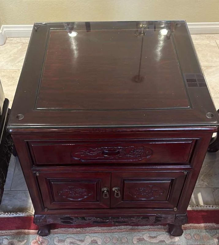 Photo 4 of  VINTAGE CHINESE ROSEWOOD SIDE TABLE W GLASS PROTECTIVE TOP 22” x 22” H22”