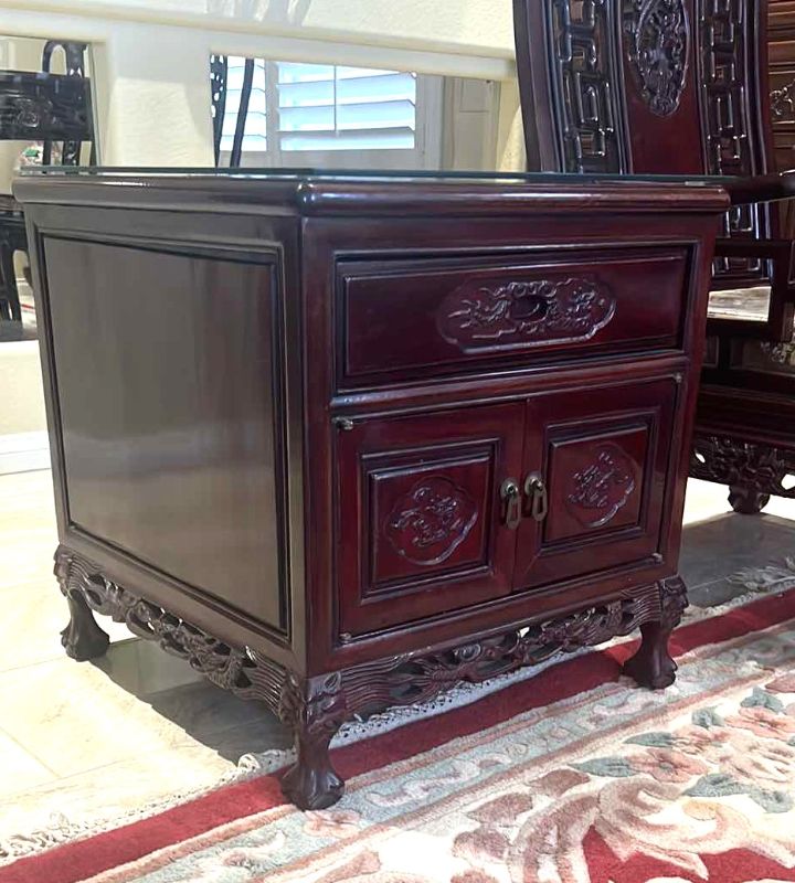 Photo 3 of  VINTAGE CHINESE ROSEWOOD SIDE TABLE W GLASS PROTECTIVE TOP 22” x 22” H22”