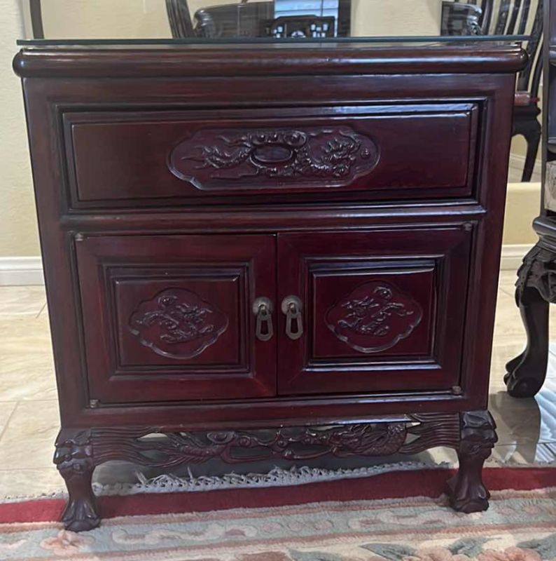 Photo 2 of  VINTAGE CHINESE ROSEWOOD SIDE TABLE W GLASS PROTECTIVE TOP 22” x 22” H22”