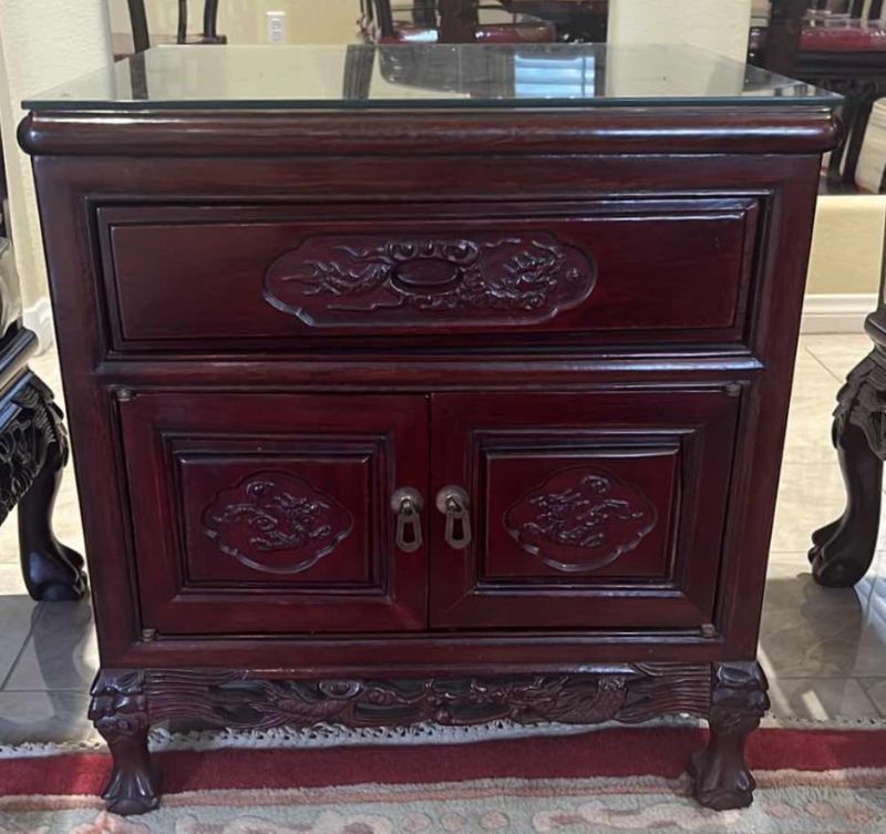 Photo 1 of  VINTAGE CHINESE ROSEWOOD SIDE TABLE W GLASS PROTECTIVE TOP 22” x 22” H22”