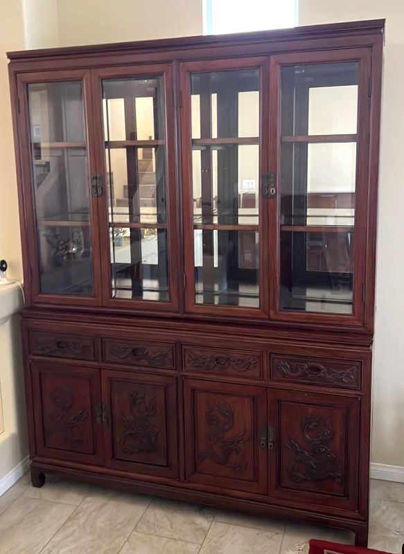 Photo 1 of VINTAGE CHINESE HANDCARVED  ROSEWOOD LIGHTED BUFFET HUTCH  60” x 19” H78”