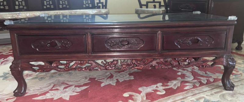 Photo 6 of VINTAGE CHINESE ROSEWOOD HANDCARVED COFFEE TABLE W GLASS PROTECTIVE TOP
48” x 20” H16”