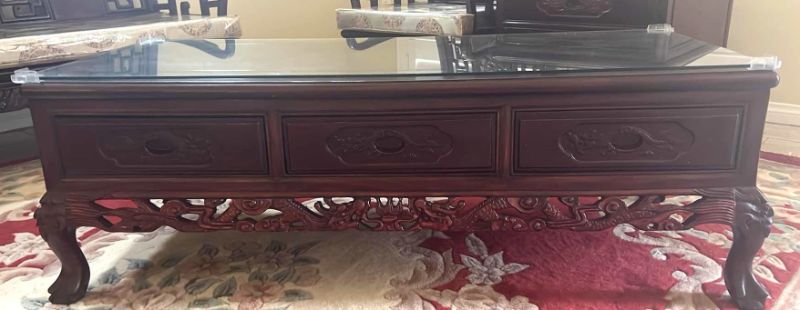 Photo 1 of VINTAGE CHINESE ROSEWOOD HANDCARVED COFFEE TABLE W GLASS PROTECTIVE TOP
48” x 20” H16”
