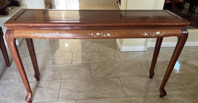 Photo 1 of VINTAGE ROSEWOOD CONSOLE TABLE W FLORAL IVORY INLAYED 47” x 14” H28”