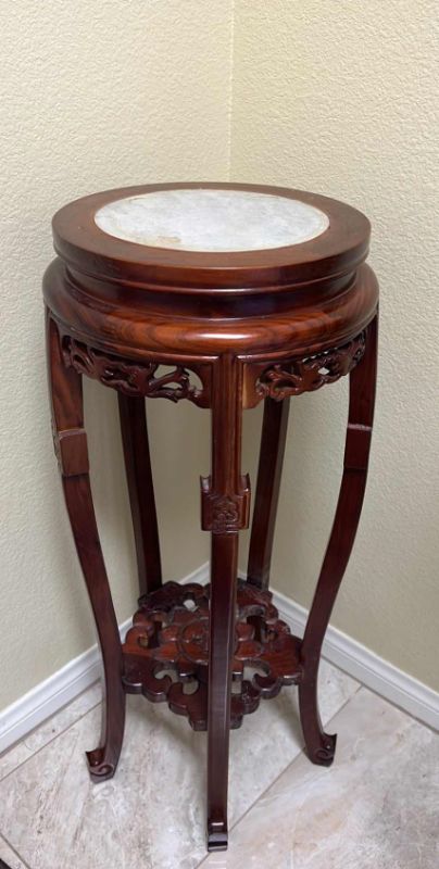 Photo 1 of 14” ROUND VINTAGE ROSEWOOD HAND-CARVED PLANT STAND W MARBLE TOP H32”