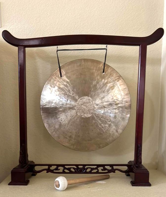 Photo 1 of FENG SHUI CHINESE MAHOGANY W BRASS DESKTOP GONG 