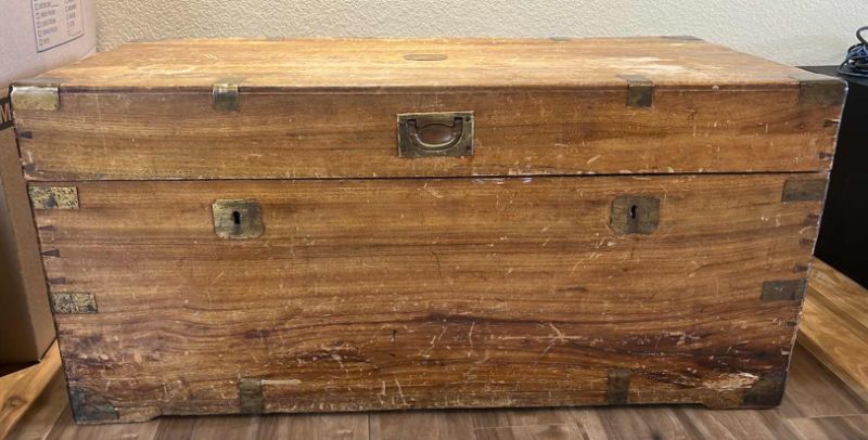 Photo 1 of DISTRESSED WOOD STORAGE CHEST W BRASS HARDWARE 39” x 19” H18” (CONTENTS NOT INCLUDED)