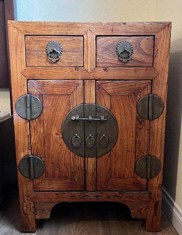 Photo 2 of VINTAGE DISTRESSED KNOTTY PINEWOOD NIGHTSTAND W BRASS HARDWARE 19” x 16” H28”