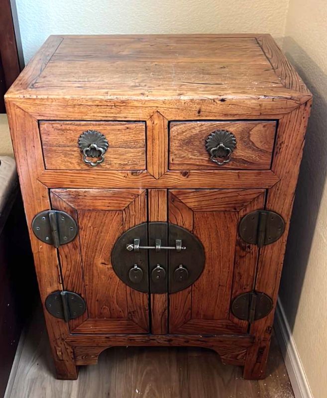 Photo 1 of VINTAGE DISTRESSED KNOTTY PINEWOOD NIGHTSTAND W BRASS HARDWARE 19” x 16” H 28”