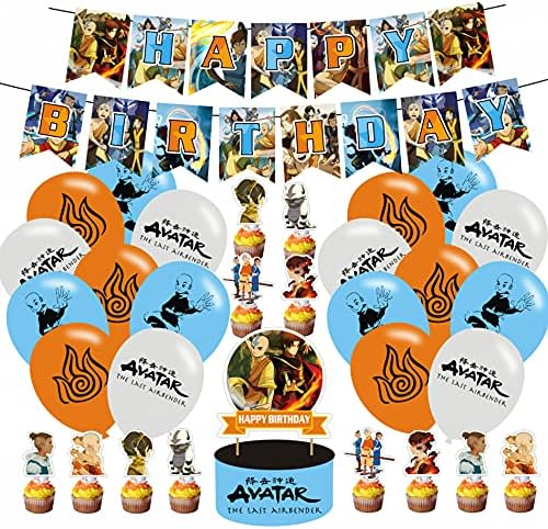 Photo 1 of Airbender Birthday Party Decoration, Include Ava Birthday Banner, Cake Topper, Latex Balloons, Hanging Swirls, for Ava Airbender Theme Kids Fans Birthday Party Supplies