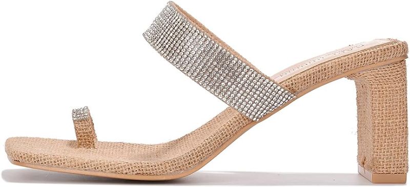 Photo 1 of Cape Robbin Rafi Women's Rhinestone Embellished Slip On Raffia Heels, Square Toe Chunky Heeled Sandals with Toe Ring for Women Size 6.5