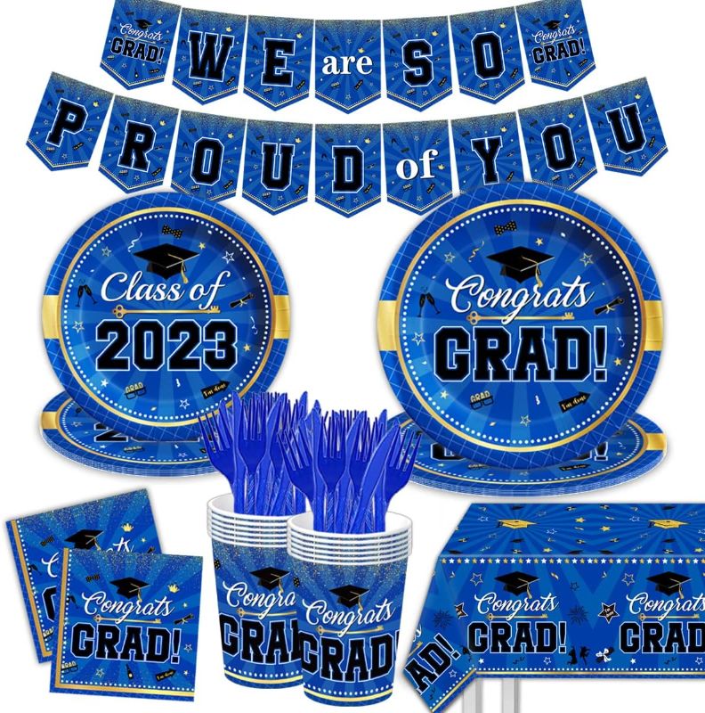 Photo 1 of 2023 Graduation Party Supplies,Blue Disposable Paper Plates and Napkins Cups,Tablecloth and Banner for Graduation Party Decorations,Severs 16