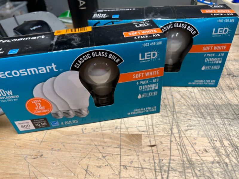 Photo 2 of 2PCKS OF EcoSmart 60-Watt Equivalent A19 Dimmable ENERGY STAR Frosted Filament LED Light Bulb Soft White (4-Pack)