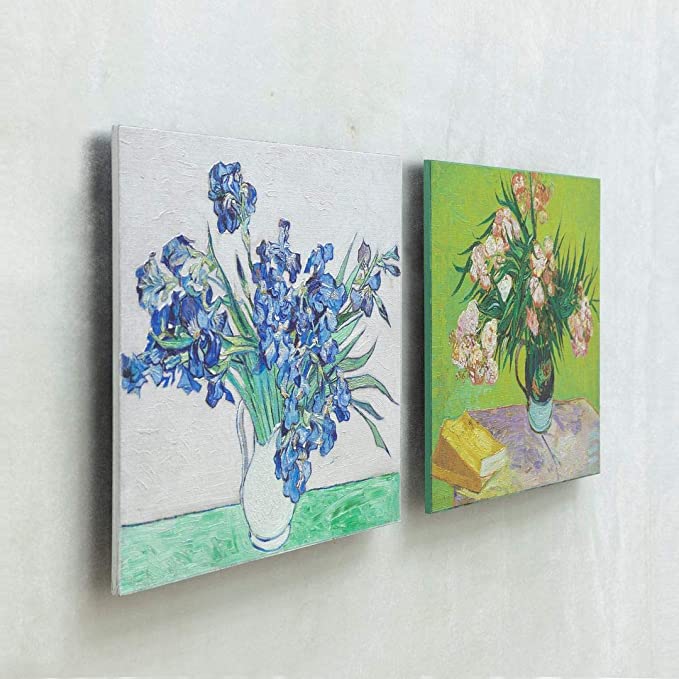 Photo 1 of 3D Textured Floating Art Set of 2,Irises (1890) & Oleanders (1888) by Vincent Van Gogh Ready to Hang (14"x11")
