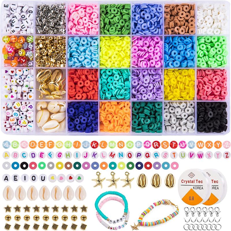 Photo 1 of **TWO OF- VENSEEN 4800pcs Clay Beads for Bracelets Making, 20 Colors Flat Round Polymer Clay Beads for Jewelry Making with Letter Beads, Gold Beads and Pendant Charms