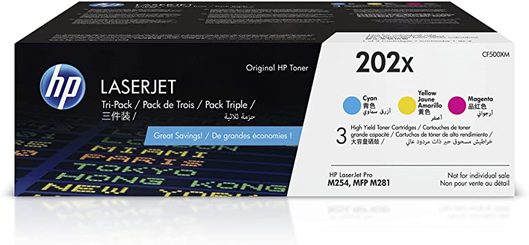 Photo 1 of ***SEE NOTE*** HP 202X | CF501X, CF502X, CF503X | 1 Toner-Cartridges | Cyan, Magenta, Yellow | Works with HP LaserJet Pro M254, M281cdw, M281dw, M281fdw | High Yield
