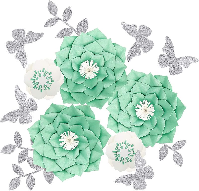 Photo 1 of PACK OF 2
Fonder Mols 3D Paper Flower Decorations(Set of 5, Dahlia, Teal & White) for Wall Backdrop, Teal Bridal Shower Nursery Decor