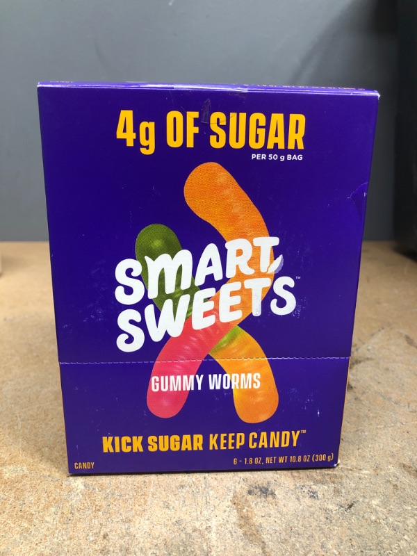 Photo 2 of **EXPIRES JUNE 2022** SmartSweets Gummy Worms, Candy with Low Sugar (4g), Low Calorie (110), No Artificial Sweeteners, Gluten-Free, Non-GMO, Healthy Snack for Kids & Adults, Variety of Flavors, 1.8oz (Pack of 6)
