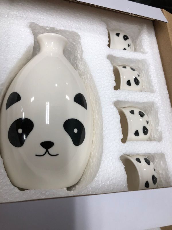 Photo 2 of 5-Piece Panda Ceramic Sake Set - Includes 1 Tokkuri Bottle & 4 Ochoko Cups for Hot or Cold Sake and Tea - White & Black - Microwave and Dishwasher Safe
