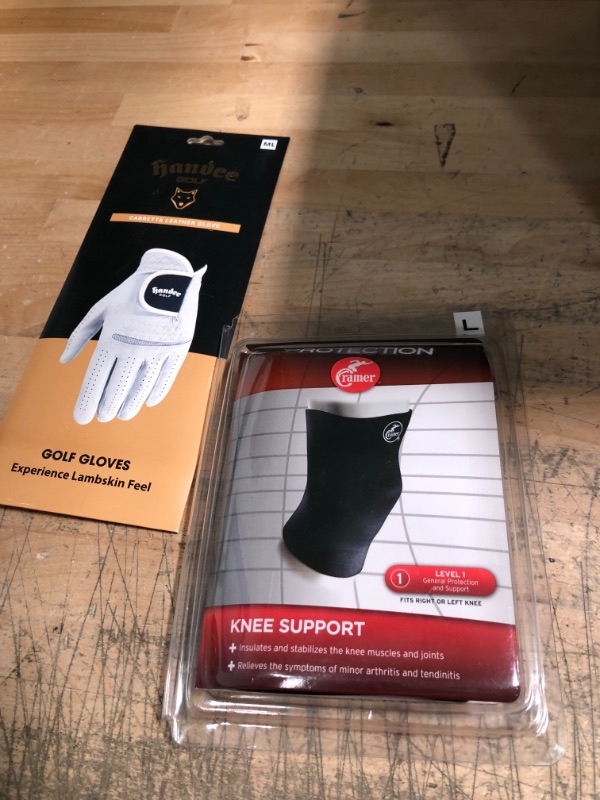 Photo 3 of ***BUNDLE *** 
Handee Premium Cabretta Leather Breathable Mesh Golf Glove Left Hand for Men Size ML
+ 
Cramer Neoprene Knee Compression Sleeve For MCL, ACL, Surgery Recovery, Sprains, Strains, And Arthritis, Best Knee Brace For Running, Crossfit, Joint Pa