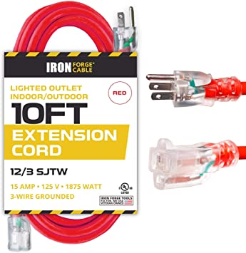 Photo 1 of 10 Ft Lighted Outdoor Extension Cord - 12/3 SJTW Heavy Duty Red Extension Cable with 3 Prong Grounded Plug for Safety - Great for Garden & Major Appliances