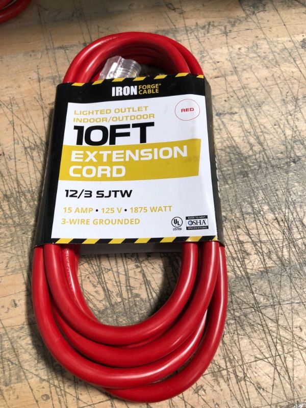 Photo 2 of 10 Ft Lighted Outdoor Extension Cord - 12/3 SJTW Heavy Duty Red Extension Cable with 3 Prong Grounded Plug for Safety - Great for Garden & Major Appliances