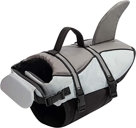 Photo 1 of Hollypet Dog Life Jacket Adjustable Dog Lifesaver Reflective Vest Pet Life Preserver with Rescue Handle Dog Safety Vest Durable Preserver Shark Dog Swim Vest Dog Shark Costume Gray 
SIZE L