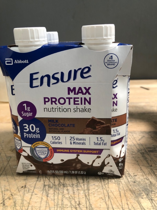 Photo 2 of Best Use By 02/2023
3 Pack
Ensure Max Protein Nutrition Shake with 30g of Protein, 1g of Sugar, High Protein Shake, Milk Chocolate, 11 fl oz, 4 Count